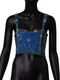 Women Sparkling Diamond Sleeveless Open Waist Strapless Camisole Rhinestone Metal Top