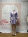 Women Solid Casual V Neck Three-quarter Sleeve Pleated Dress