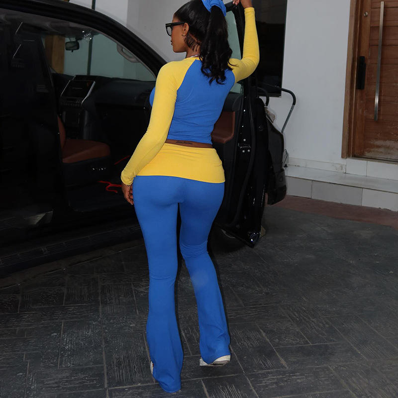 Women Contrast Raglan Long Sleeve Top and Folded Flared Trousers Two-Piece Set