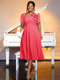 Plus Size Women Watermelon Red Short Sleeve Lace Elegant Maxi Summer Pleated Dress