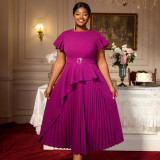 Plus Size Women Round Neck Short Sleeve Irregular Ruffle Elegant Dress