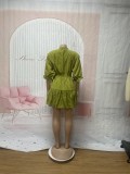 Women Solid Casual V Neck Three-quarter Sleeve Pleated Dress