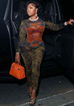 Women autumn sexy street print long sleeve jumpsuit