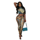 Women Sexy Sleeveless Crop Print Top and Long Pants Two-piece Set