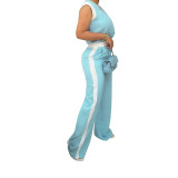 Women Casual Summer Contrast Short Sleeve Top and Wide Leg Trousers Two-Piece Set
