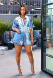 Women Summer Holidays Style Print Casual Shirt Shorts Two-piece Set
