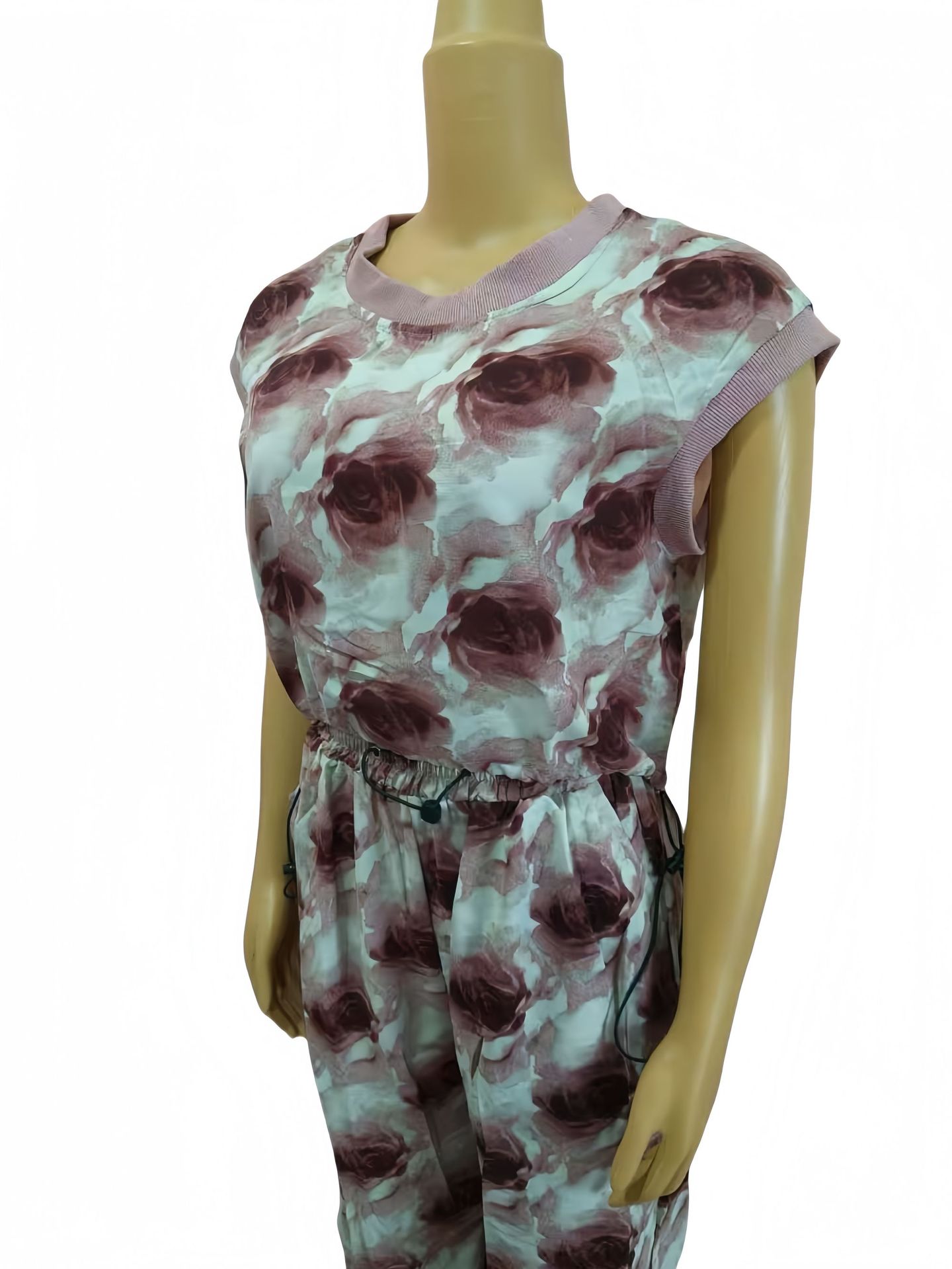 Women Ribbed Print Round Neck Short Sleeve Top and Cuffed Pants Casual Two-piece Set