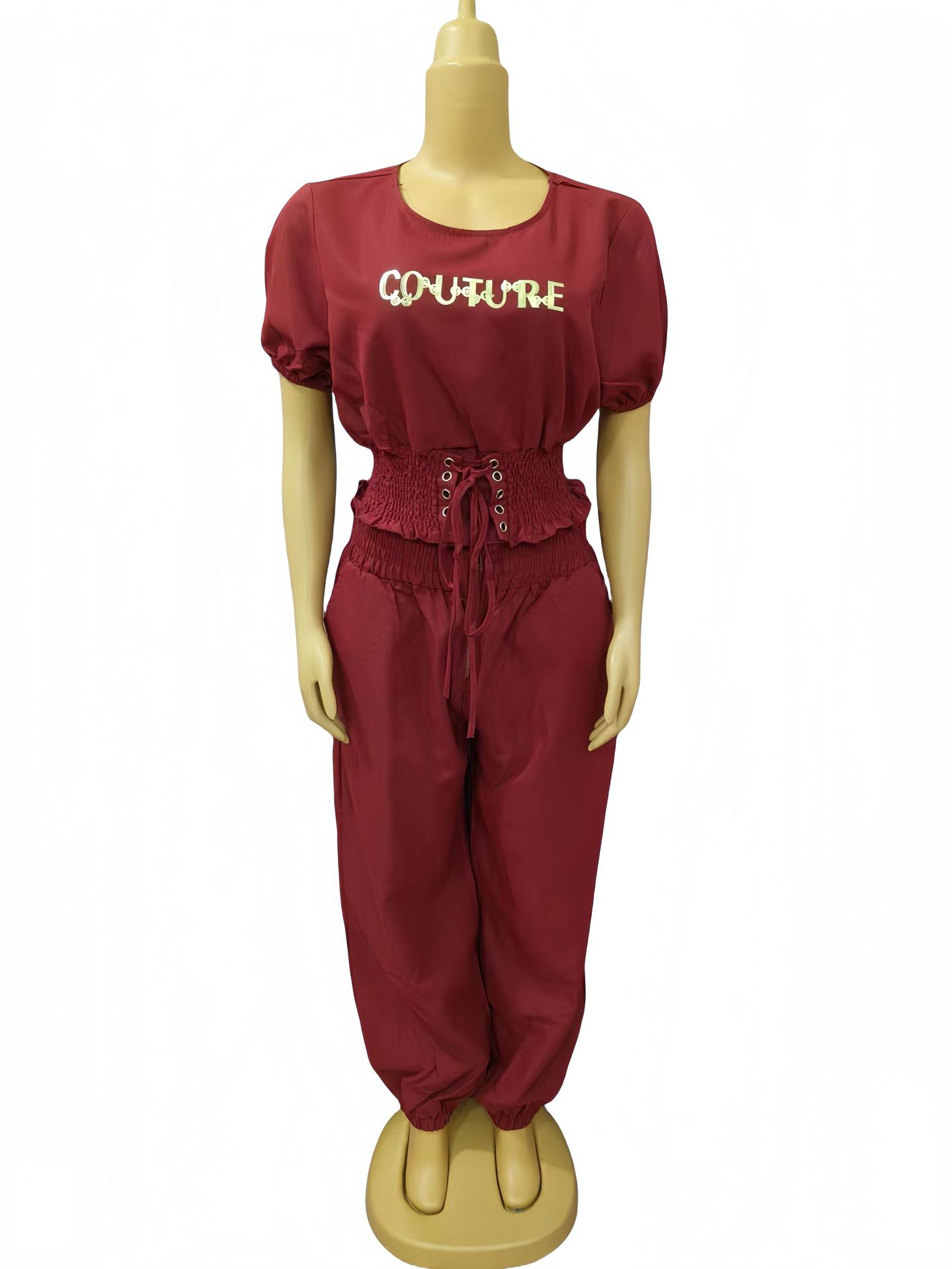 African Women Round Neck Short Sleeve Top and Cuffed Pants Casual Two-piece Set
