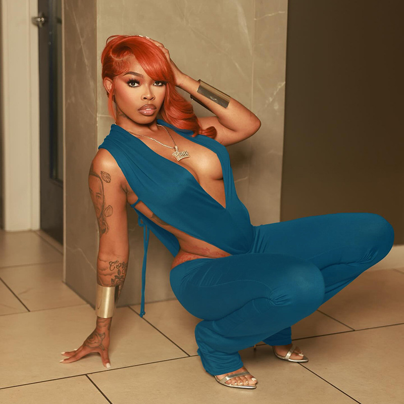 Women Spring and Summer Sexy V Neck Sleeveless Bodysuit and Flared Pants Two-piece Set