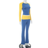 Women Contrast Raglan Long Sleeve Top and Folded Flared Trousers Two-Piece Set