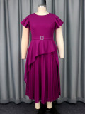 Plus Size Women Round Neck Short Sleeve Irregular Ruffle Elegant Dress