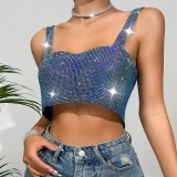 Women Sparkling Diamond Sleeveless Open Waist Strapless Camisole Rhinestone Metal Top