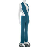 Women Spring and Summer Sexy V Neck Sleeveless Bodysuit and Flared Pants Two-piece Set