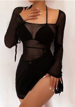 Women See-Through Sexy Mesh Long Sleeve Slit Dress