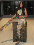 Women Sexy Sleeveless Crop Print Top and Long Pants Two-piece Set