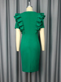 Women Sexy V-Neck Ruffle Beaded Slit Formal Party Bodycon Dress
