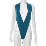 Women Spring and Summer Sexy V Neck Sleeveless Bodysuit and Flared Pants Two-piece Set