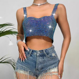 Women Sparkling Diamond Sleeveless Open Waist Strapless Camisole Rhinestone Metal Top