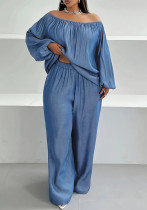 Plus Size Women Off Shoulder Top And Trousers Casual Two-piece Suit