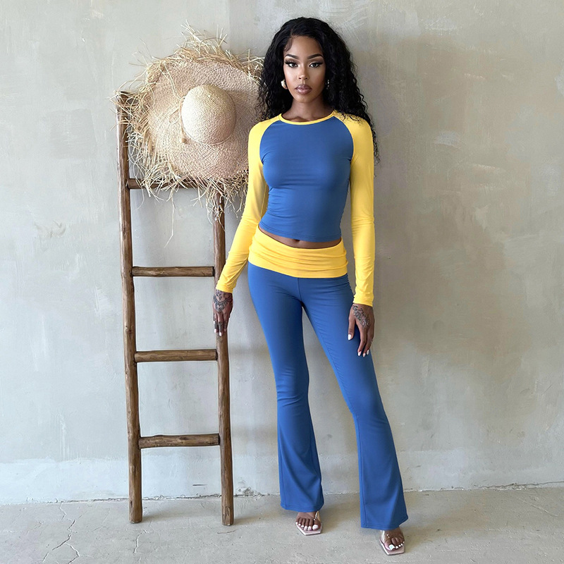 Women Contrast Raglan Long Sleeve Top and Folded Flared Trousers Two-Piece Set