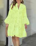 Women Solid V-neck Embroidered Hollow Lace Dress