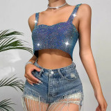 Women Sparkling Diamond Sleeveless Open Waist Strapless Camisole Rhinestone Metal Top
