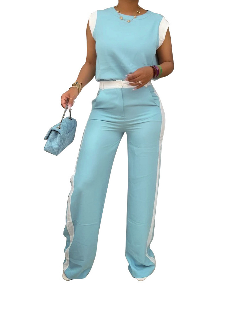 Women Casual Summer Contrast Short Sleeve Top and Wide Leg Trousers Two-Piece Set