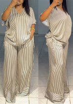 Plus Size Women Elegant V-Neck Top Drawstring Straight Pants Two-Piece Set