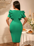 Women Sexy V-Neck Ruffle Beaded Slit Formal Party Bodycon Dress