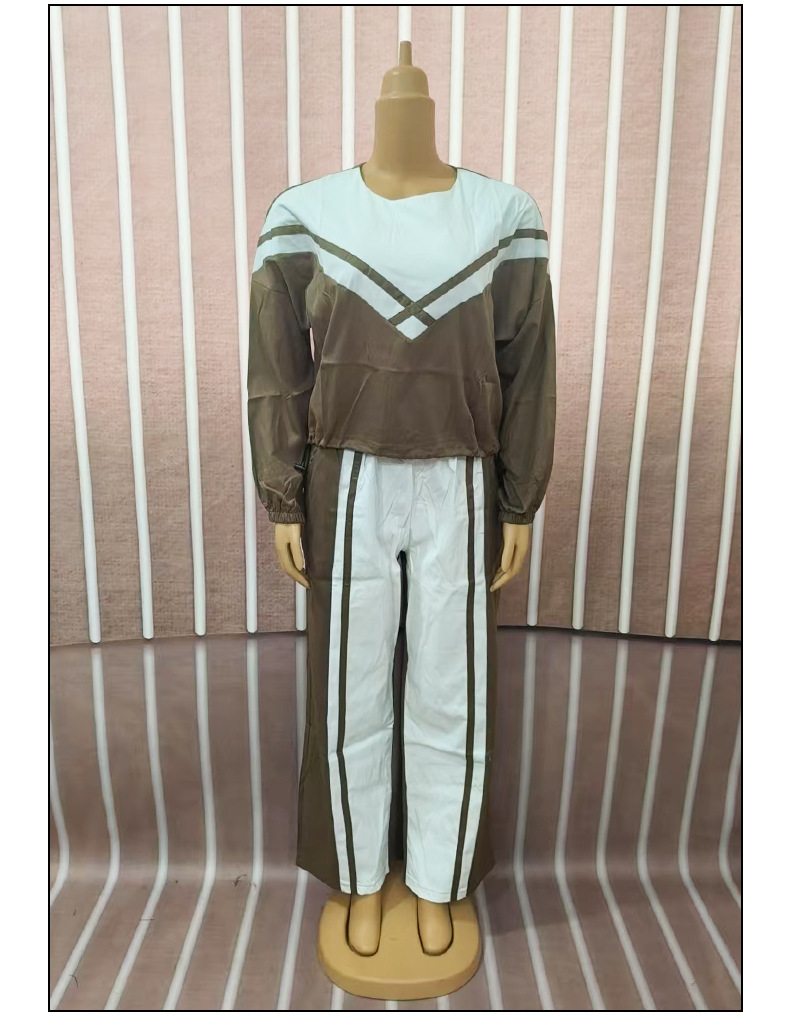 Women Contrast Color twill Casual Top and Pants Two-piece Set