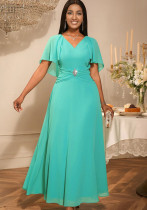 Women V-Neck Ruffle Sleeve Solid Elegant Party Dress