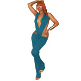 Women Spring and Summer Sexy V Neck Sleeveless Bodysuit and Flared Pants Two-piece Set