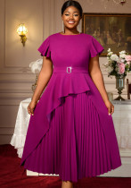 Plus Size Women Round Neck Short Sleeve Irregular Ruffle Elegant Dress