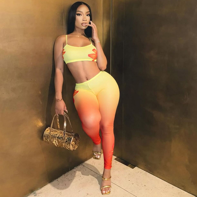 Women Sexy Floral Gradient Printed Camisole Vest Top and Trousers Two-Piece Set