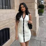 Women French Contrast Sleeveless Turndown Collar Knitting Dress
