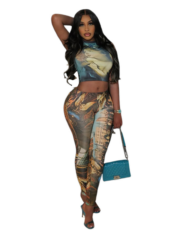 Women Sexy Sleeveless Crop Print Top and Long Pants Two-piece Set