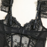 Women Eyelash Lace Flower See-Through Bodysuit Sexy Lingerie