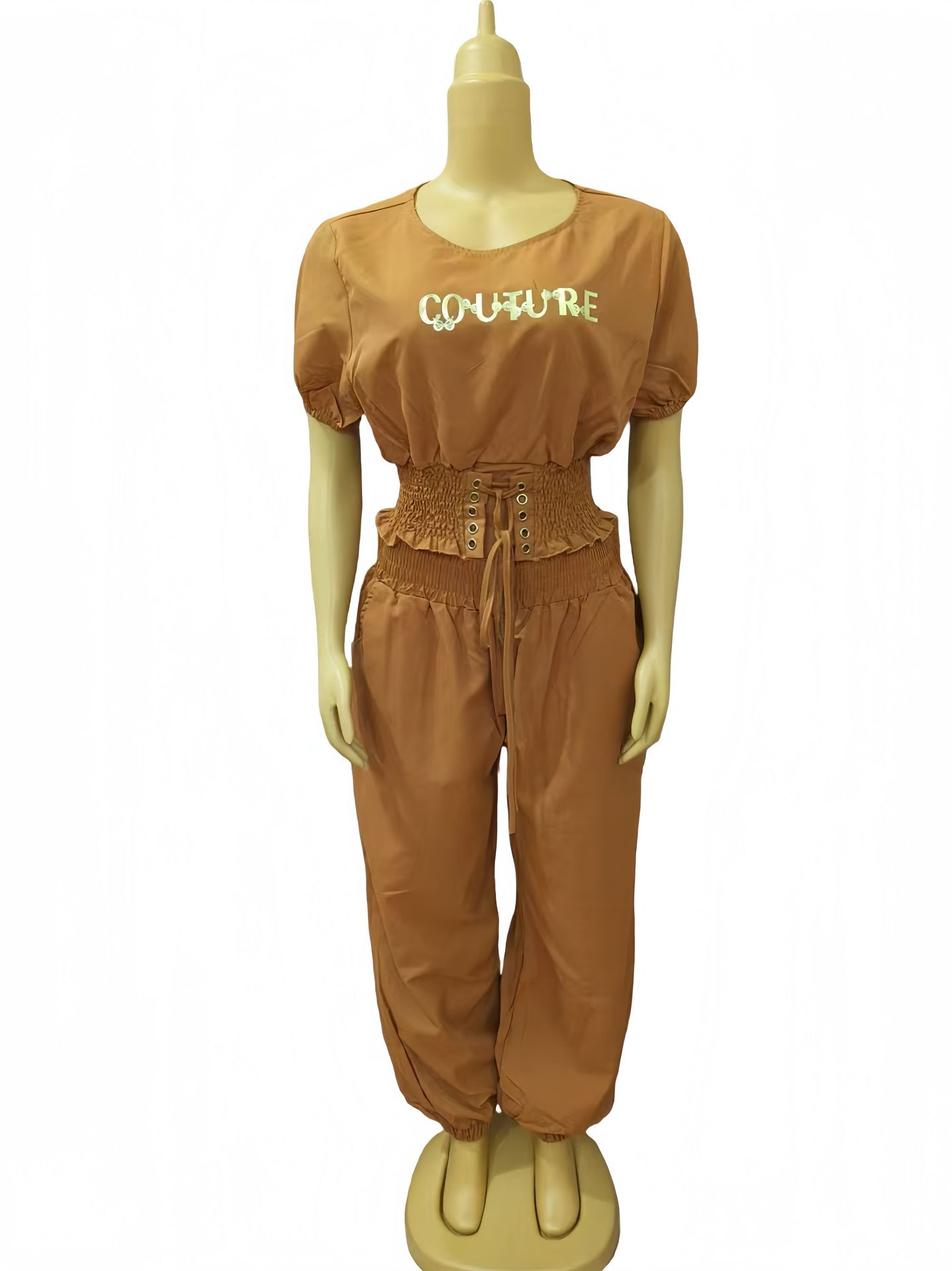 African Women Round Neck Short Sleeve Top and Cuffed Pants Casual Two-piece Set