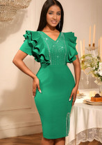 Women Sexy V-Neck Ruffle Beaded Slit Formal Party Bodycon Dress