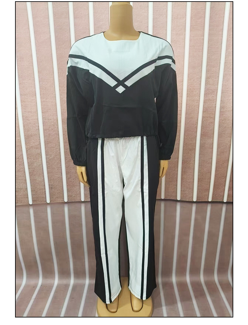 Women Contrast Color twill Casual Top and Pants Two-piece Set