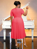 Plus Size Women Watermelon Red Short Sleeve Lace Elegant Maxi Summer Pleated Dress