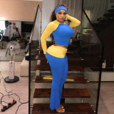 Women Contrast Raglan Long Sleeve Top and Folded Flared Trousers Two-Piece Set