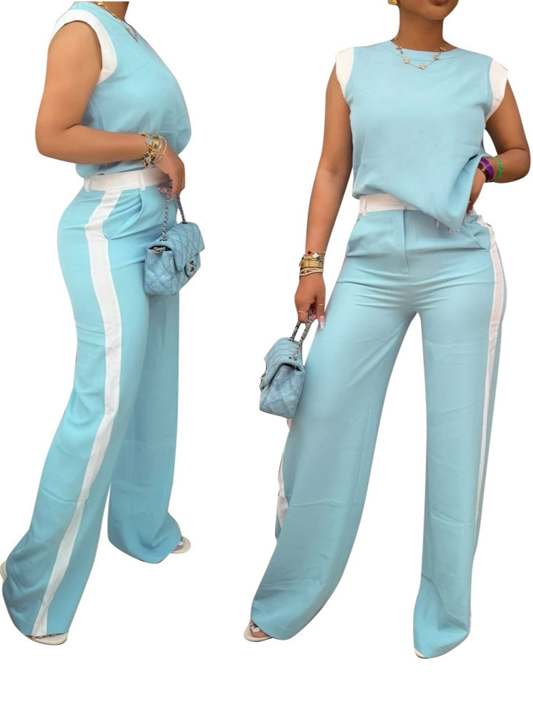 Women Casual Summer Contrast Short Sleeve Top and Wide Leg Trousers Two-Piece Set