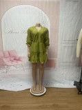 Women Solid Casual V Neck Three-quarter Sleeve Pleated Dress