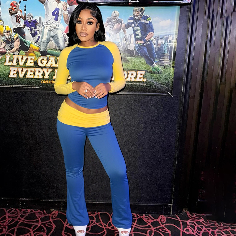 Women Contrast Raglan Long Sleeve Top and Folded Flared Trousers Two-Piece Set