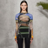 Women Spring and Summer Mesh Printed Irregular Lace-Up Split Top T-shirt