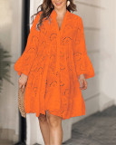 Women Solid V-neck Embroidered Hollow Lace Dress