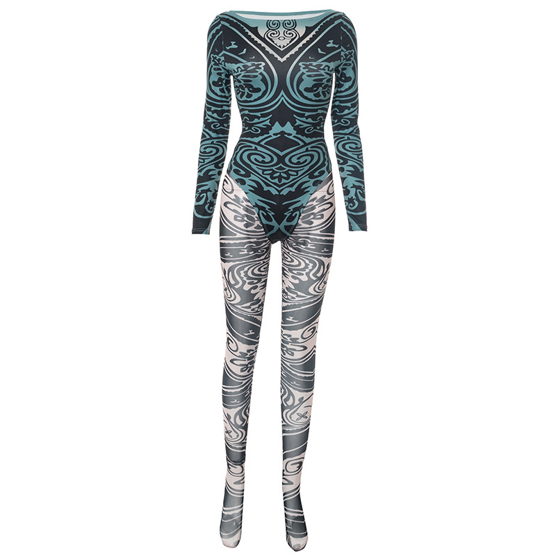 Women Spring and Summer Off Shoulder Printed Long Sleeve Bodysuit Mesh See-Through Two-piece Set