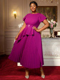 Plus Size Women Round Neck Short Sleeve Irregular Ruffle Elegant Dress
