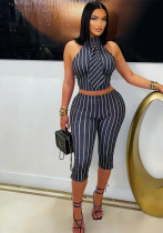 Women Summer Black and White Striped Sleeveless Turndown Collar Vest Top Three-Piece Pants Two-Piece Set